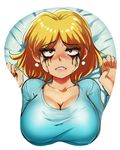  blonde_hair blush breast_mousepad breasts cleavage clenched_teeth collarbone earrings frown highres jcm2 jewelry large_breasts lori_loud makeup mousepad runny_makeup solo teeth the_loud_house yellow_eyes 