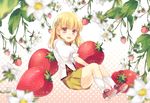  :d bangs blonde_hair blunt_bangs blurry blush brown_eyes depth_of_field eyebrows eyebrows_visible_through_hair floral_background flower food fruit full_body gradient gradient_background hair_ornament hairclip holding holding_food holding_fruit kneehighs kousetsu long_hair looking_at_viewer miniskirt open_mouth oversized_food oversized_object pleated_skirt red_footwear rosetta rune_factory rune_factory_1 rune_factory_frontier shoe_soles shoes skirt smile solo strawberry triangle white_flower white_legwear yellow_skirt 