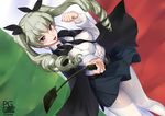  :d akasaai anchovy anzio_school_uniform bangs belt black_neckwear black_skirt blush brown_eyes cape clenched_hand copyright_name covered_nipples dress_shirt drill_hair dutch_angle flag flag_background girls_und_panzer green_hair hair_between_eyes hair_ribbon hat highres holding italian_flag long_hair long_sleeves looking_at_viewer miniskirt necktie open_mouth pantyhose pleated_skirt red_eyes ribbon riding_crop shirt skirt skirt_lift smile solo twin_drills twintails white_legwear white_shirt wind wind_lift 
