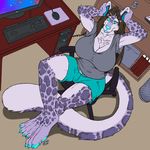  2016 anthro armpits big_breasts breasts brown_hair chair chest_tuft claws cleavage clothed clothing computer desk digital_media_(artwork) feline female fenrir_lunaris fur hair headphones high-angle_view leopard leopard_spots long_hair long_tail looking_at_viewer mammal purple_fur samanthafeline shirt shorts signature sitting smile snow_leopard solo spots teal_eyes teal_nose toe_claws tuft 