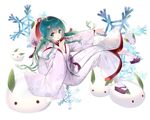  double_bun green_eyes green_hair hair_ornament hairpin hatsune_miku highres hood japanese_clothes kimono long_hair looking_at_viewer million_arthur_(series) rozer smile snow_bunny snowflakes solo twintails uchikake vocaloid yuki_miku 