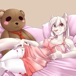  5_fingers anthro bed canine clothed clothing female fur jellse lying mammal pink_eyes pink_nose smile solo suelix teeth thick_thighs white_fur wide_hips 