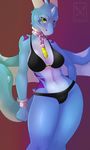  5_fingers anthro bare_shoulders bra breasts clothing collar dragon eyelashes female green_eyes horn minerea navel solo standing thick_thighs underwear wide_hips 