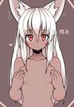  animal_ears breasts covering_nipples dark_skin expressionless fox_ears heart highres jitome long_hair looking_at_viewer negationtenmaru nude red_eyes sidelocks small_breasts solo upper_body white_hair 