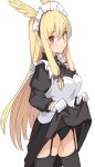  1girl alternate_costume apron black_dress black_legwear black_panties blonde_hair breasts dress dress_lift enmaided fate/grand_order fate_(series) garter_straps gloves hair_between_eyes hair_ribbon head_wings large_breasts lifted_by_self long_hair long_sleeves maid maid_apron maid_headdress panties red_eyes ribbon shiseki_hirame simple_background solo thighhighs thrud_(fate/grand_order) underwear valkyrie_(fate/grand_order) white_apron white_background white_gloves 