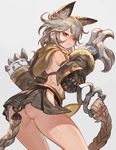  animal_ears ass bare_back black_skirt blush braid brown_hair cat_ears claws closed_mouth cowboy_shot detached_sleeves erune fang_out from_behind fur_trim granblue_fantasy heart highres hip_vent hood hood_down lack leaning_forward long_hair long_sleeves looking_at_viewer looking_back panties pantyshot pantyshot_(standing) pleated_skirt red_eyes sen_(granblue_fantasy) single_braid skirt solo standing sweatdrop thighs tooth underwear upskirt very_long_hair white_panties 