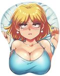  blonde_hair blush breast_mousepad breasts camisole cleavage collarbone earrings highres jcm2 jewelry large_breasts lori_loud makeup mousepad open_mouth solo strap_slip the_loud_house upper_body yellow_eyes 