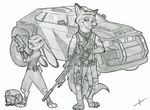  anthro armor canine car commando disney fox gun handgun helmet hi_res judy_hopps lagomorph mammal monochrome nick_wilde pistol police_car rabbit ranged_weapon rifle silencer sniper_rifle vehicle weapon ziegelzeig zootopia 