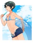  bikini black_eyes black_hair blue_bikini blue_sky breasts cloud commentary_request day denim denim_shorts food highres hita_(hitapita) innertube looking_at_viewer mogami_(kantai_collection) navel open_mouth original popsicle short_hair shorts sky small_breasts solo standing striped striped_bikini swimsuit unbuttoned 