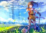  blush brown_eyes brown_hair cloud cloudy_sky day gloves grass hammer hammer_(ole_tower) long_hair mataichi_mataro ole_tower one_eye_closed open_mouth side_ponytail sky slime smile solo tower 