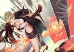  1girl black_hair blonde_hair breasts cleavage cloud_strife final_fantasy final_fantasy_vii fingerless_gloves gloves holding_hands kudou_asami large_breasts long_hair suspenders tifa_lockhart 