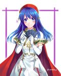  alternate_costume ane-suisei blue_eyes blue_hair blush blush_stickers card dress elbow_gloves fire_emblem fire_emblem:_fuuin_no_tsurugi fire_emblem_cipher gloves hat holding holding_card jewelry lilina long_hair playing_games short_sleeves smile solo twitter_username white_dress white_gloves 