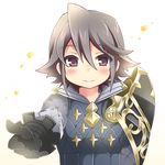  blush fire_emblem fire_emblem_if gloves grey_hair lazward_(fire_emblem_if) male_focus momosemocha petals purple_eyes simple_background solo upper_body white_background 