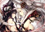  animal_ears bare_shoulders bell black_gloves black_hair blue_eyes blush breasts brown_eyes detached_sleeves erune eye_contact fox_ears fur_trim gloves granblue_fantasy hair_bell hair_ornament interlocked_fingers large_breasts long_hair looking_at_another multiple_girls oyu_(sijimisizimi) profile sideboob smile socie_(granblue_fantasy) white_hair yuel_(granblue_fantasy) 