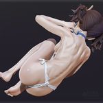  3d ass back barefoot breasts brown_hair collar facing_away from_behind fundoshi highres japanese_clothes koutetsujou_no_kabaneri leslyzerosix medium_breasts mumei_(kabaneri) scar sideboob soles solo spine toes twintails 