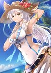  alternate_costume animal_ears arm_behind_head beach braid breasts cat_ears covered_navel day dutch_angle ears_through_headwear erune finger_to_mouth flower food fruit granblue_fantasy hair_between_eyes hair_intakes hand_on_headwear hand_up hat hat_flower heles large_breasts long_hair looking_at_viewer marusan ocean one-piece_swimsuit outdoors palm_tree sarong sideboob silver_hair single_braid smile solo straw_hat sun_hat swimsuit tree upper_body very_long_hair watermelon white_swimsuit yellow_eyes 
