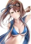  arm_up beatrix_(granblue_fantasy) bikini blue-framed_eyewear blue_bikini blue_bikini_top blue_vest breasts brown_eyes brown_hair cleavage closed_mouth collarbone eyewear_on_head glasses granblue_fantasy heart heart-shaped_pupils long_hair looking_at_viewer medium_breasts nannacy7 o-ring o-ring_bikini o-ring_top open_clothes open_vest ponytail simple_background solo sunglasses swimsuit symbol-shaped_pupils vest white_background 