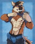  2016 abs aluminemsiren anthro backwards_baseball_cap baseball_cap biped black_fur blue_background blue_eyes blue_underwear brown_fur bulge canid canine canis cellphone chest_tuft clothed clothing clothing_lift digital_media_(artwork) dragon ear_tuft english_text erection fur gloves_(marking) grin hair hat holding_object hybrid inner_ear_fluff male mammal markings multicolored_fur multicolored_tail muscular muscular_male navel nipples partially_clothed pecs penis_outline phone portrait reazu shirt shirt_lift short_hair simple_background smile solo standing t-shirt teeth text three-quarter_portrait tuft two_tone_fur underwear white_fur 