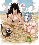  1girl animal beach bikini bikini_skirt black_hair blue_hair bowl breasts bucket cat cleavage day fairy_tail food gajeel_redfox highres ice_cream levy_mcgarden pantherlily rusky sand sand_castle sand_sculpture seashell shell small_breasts spiked_hair swimsuit 