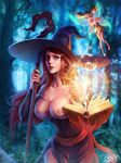  2girls artist_name book breasts cleavage dannis dragon's_crown fairy forest hat highres holding holding_book holding_staff large_breasts looking_at_viewer magic multiple_girls nature open_book outdoors purple_hat sorceress_(dragon's_crown) staff standing witch witch_hat 
