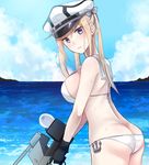  alternate_costume anchor ass bare_arms bare_shoulders bikini black_gloves blonde_hair blue_eyes blush bow breasts butt_crack closed_mouth cosplay cowboy_shot eko from_behind gloves graf_zeppelin_(kantai_collection) hair_bow hat holding holding_weapon horizon kantai_collection large_breasts long_hair looking_at_viewer looking_back ocean pale_skin sailor_bikini sailor_collar sideboob sidelocks solo standing sweatdrop swimsuit twintails v water weapon white_bikini white_bow white_hat z3_max_schultz_(kantai_collection) z3_max_schultz_(kantai_collection)_(cosplay) 