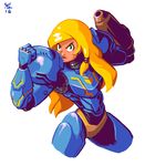  arm_cannon blonde_hair cosplay cowboy_shot cropped_legs flexing green_eyes hair_ornament joakim_sandberg long_hair looking_at_viewer metroid no_headwear no_helmet overwatch pharah_(overwatch) pharah_(overwatch)_(cosplay) pose power_armor samus_aran solo weapon white_background 