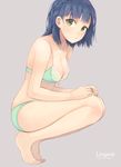  blue_hair blush bra green_eyes highres hinoshita_akame idolmaster idolmaster_million_live! looking_at_viewer nanao_yuriko navel open_mouth panties short_hair simple_background solo squatting underwear 