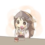  blush_stickers brown_eyes brown_hair commentary drooling food hairband hands_on_own_face haruna_(kantai_collection) ice_cream inishie kantai_collection long_hair md5_mismatch nontraditional_miko open_mouth smile solo sparkle spoon 