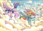  cloudsdale equine female flying friendship_is_magic group horn mammal my_little_pony pegasus rainbow_dash_(mlp) scootaloo_(mlp) the-wizard-of-art traditional_media_(artwork) twilight_sparkle_(mlp) winged_unicorn wings 