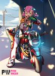  blue_eyes breasts cleavage cloud dark_skin day english full_body green_bikini_top ground_vehicle hair_ornament hairclip jacket kongou_b long_sleeves low_twintails medium_breasts motor_vehicle motorcycle open_clothes open_jacket original outdoors pants pink_hair power_lines shoes short_twintails solo twintails unzipped 