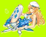  argyle argyle_legwear arm_support bare_shoulders blonde_hair bow from_side green_eyes hat hat_bow hoshii_miki idolmaster idolmaster_(classic) long_hair looking_at_viewer lying on_back rod_(rod4817) short_shorts shorts smile solo thighhighs 