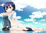  bare_legs barefoot blue_bra blue_eyes blue_hair blue_panties blue_sky blush bow bow_panties bra cloud commentary_request day flat_chest hair_bobbles hair_ornament kokekokko_coma loafers looking_at_viewer navel ooya-san_wa_shishunki open_mouth outdoors panties polka_dot polka_dot_bra polka_dot_panties satonaka_chie_(ooya-san_wa_shishunki) school_uniform serafuku shirt_lift shoes shoes_removed short_hair short_sleeves side_ponytail sitting skirt sky smile solo thigh_gap underwear v 
