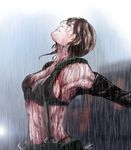  1girl blood breasts brown_hair closed_eyes front-tie_top highres looking_up metal_gear_(series) metal_gear_solid_v mosoru outstretched_arms pouch quiet_(metal_gear) rain sideboob signature solo upper_body wet 
