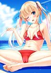  absurdres arm_support barefoot beach bikini blonde_hair blush butterfly_sitting cameltoe cloud comiket_90 d; day feet feet_together food hair_ribbon head_tilt highres leaning_back long_hair navel ocean one_eye_closed open_mouth outdoors popsicle red_bikini ribbon saenai_heroine_no_sodatekata sawamura_spencer_eriri shirouzu_myuuta sidelocks sitting sky solo spread_legs sweat swimsuit toes twintails water 