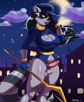  2016 absurd_res anthro balls big_breasts black_hair bottomless breasts cleavage clothed clothing cloud cosplay crescent_moon dickgirl gloves green_eyes hair hat hi_res holding_object intersex long_hair mammal moon night nipple_bulge outside penis plankboy raccoon sky sly_cooper sly_cooper_(series) solo staff star video_games 