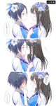  ^_^ bad_id bad_pixiv_id black_hair blue_eyes blush closed_eyes comic face-to-face flower hair_flower hair_ornament hayami_kanade idolmaster idolmaster_cinderella_girls kiss looking_away multiple_girls open_mouth romi_(346_ura) sagisawa_fumika saite_jewel short_hair sweat translation_request yellow_eyes yuri 