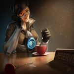  2016 artstation_sample black_gloves brown_eyes brown_hair closed_mouth coat coffee_mug commentary cup dated english flower frown gloves goggles head_on_hand head_rest image_sample indoors light lips lonely mug nose overwatch realistic red_flower red_rose rose sad saucer shadow short_hair sitting solo spoon starry_chen stirring table tag text_focus tracer_(overwatch) union_jack 