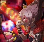  bracer braid character_name choker earrings facepaint fingerless_gloves fingernails gloves hair_rollers highres hoshi_shouko idolmaster idolmaster_cinderella_girls jewelry long_fingernails nail_polish necklace pauldrons profile purple_eyes silver_hair single_braid solo teeth wootsang 