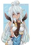  ahoge armor armored_dress bare_shoulders brand_name_imitation commentary_request credit_card dark_skin gloves granblue_fantasy long_hair looking_at_viewer mushi024 red_eyes silver_hair solo zooey_(granblue_fantasy) 