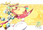  :x ;d blazblue blonde_hair bow chibi gloves green_bow green_eyes hair_bow hair_intakes hairband heart heart-shaped_pupils highres kaname_nagi long_hair looking_at_viewer low-tied_long_hair miniskirt muchourin o_o one_eye_closed open_mouth platinum_the_trinity quad_tails shoes skirt smile solo staff symbol-shaped_pupils v white_footwear white_gloves yellow_background zoom_layer 