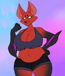  anthro big_breasts breasts brown_fur canine cleavage clothed clothing crossgender female fox fur green_eyes inner_ear_fluff mammal navel pyrocynical shorts simple_background slightly_chubby solo stickyhunter 