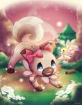  artist_name blue_eyes bow cutiefly dog flower gen_7_pokemon grass highres insect_wings leaf no_humans open_mouth pokemon pokemon_(creature) pokkiu rockruff sky sparkle star tree wings 