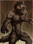  2011 abs aluminemsiren anthro biceps biped black_nose blue_eyes brown_background brown_fur brown_hair brown_markings brown_tail canid canine canis chest_tuft digital_media_(artwork) featureless_crotch fur hair heterochromia hi_res kai looking_at_viewer male mammal markings muscular muscular_male nipples nude pecs portrait red_eyes simple_background solo spread_legs spreading standing three-quarter_portrait tuft wolf 