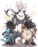  ahoge anger_vein asashimo_(kantai_collection) boots bow carrying clenched_hands crossover dress_shirt gen_1_pokemon gen_4_pokemon gen_6_pokemon grin hands_up jiino kantai_collection long_hair mankey on_shoulder pangoro pantyhose pokemon pokemon_(creature) ponytail purple_legwear riolu shirt shoulder_carry smile standing standing_on_one_leg teeth teeth_hold uniform veins very_long_hair white_hair 