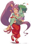  ahoge carrying dark_skin downscaled embarrassed full_body green_hair green_skin hairband heart highres kiss long_hair md5_mismatch midriff monster_girl multiple_girls navel pointy_ears ponytail princess_carry purple_hair resized rottytops sally_(luna-arts) shantae_(character) shantae_(series) shantae_and_the_pirate's_curse shorts stitches very_long_hair yellow_hairband yuri zombie 
