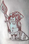  2016 anthro armor clothed clothing fur helmet horn lupelongo male mammal melee_weapon open_mouth polearm raccoon red_panda simple_background solo spear traditional_media_(artwork) weapon 