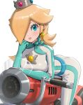  1girl aqua_eyes bent_over biker_clothes bikesuit blonde_hair bodysuit breasts closed_mouth commentary_request crown earrings elbow_rest glint gonzarez ground_vehicle hair_over_one_eye highres jewelry lips looking_at_viewer mario_(series) mario_kart motor_vehicle motorcycle official_alternate_costume rosalina scarf skin_tight solo star_(symbol) star_earrings white_bodysuit 
