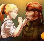  1girl beard big_boss black_ribbon blonde_hair blue_eyes blush brown_hair brush closed_mouth eyepatch facial_hair from_side glasses hair_ribbon headband holding_brush kongou_b looking_at_another metal_gear_(series) metal_gear_solid mustache naked_snake original ponytail ribbon rimless_eyewear shirt short_hair suspenders sweatdrop upper_body white_shirt 