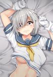  1girl blue_eyes blush breasts clenched_teeth commentary crying crying_with_eyes_open gloves hair_ornament hair_over_one_eye hairclip hamakaze_(kantai_collection) hetero highres imminent_rape jaku_denpa kantai_collection large_breasts looking_at_viewer lying navel neckerchief no_bra on_back out_of_frame pov pov_hands pushing_down scared school_uniform serafuku shirt_lift short_hair silver_hair solo_focus sweat tears teeth underboob white_gloves wide-eyed wrist_grab yellow_neckwear 