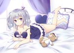  alternate_costume barefoot blush breasts cleavage closed_mouth curtains frilled_pillow frills full_body grey_hair hat heart heart_pillow indoors kantai_collection kashima_(kantai_collection) large_breasts lying nightgown on_bed on_stomach peaked_cap pillow polka_dot_pillow purple_eyes smile solo strap_slip stuffed_animal stuffed_toy teddy_bear twintails uniform window yoshikita_popuri 